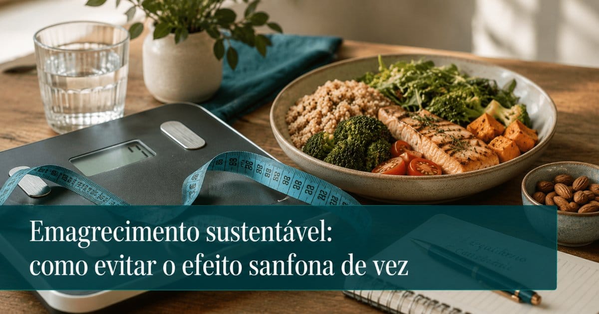 Capa: balanca, fita metrica e refeicao equilibrada - emagrecimento sustentavel