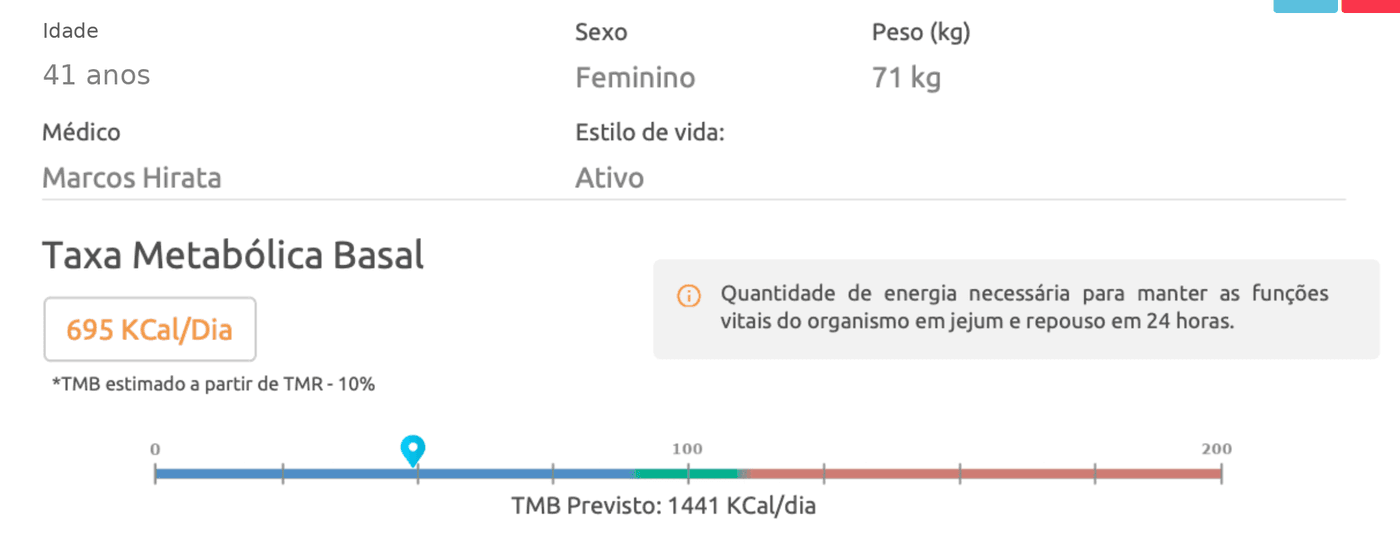 Laudo de calorimetria indireta antes do acompanhamento, taxa metabolica basal medida de 695 kcal por dia com previsto de 1441 kcal